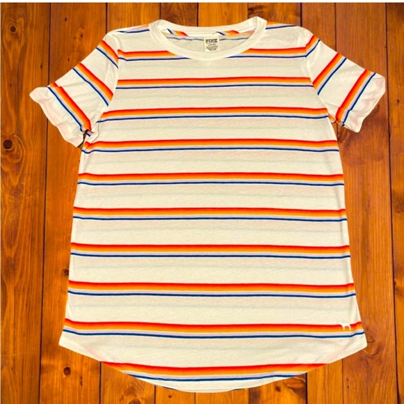 Pink Victoria's Secret Rainbow Stripe Crewneck Tee Shirt - Picture 3 of 3